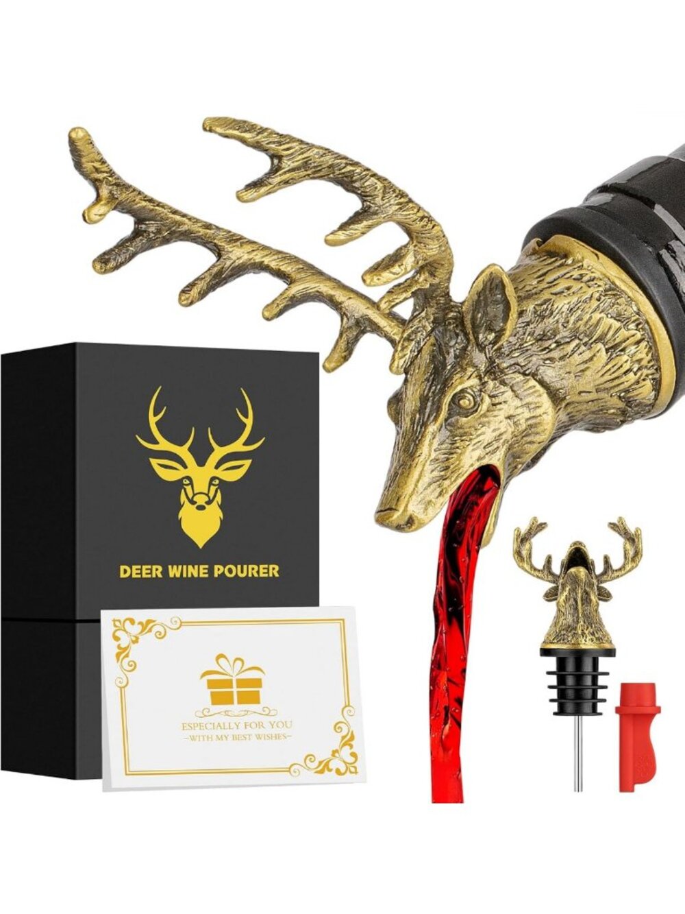 Bronze Deer Head Wine Bottle Pourer & Stopper - Perfect Gift for Hunters & Dads